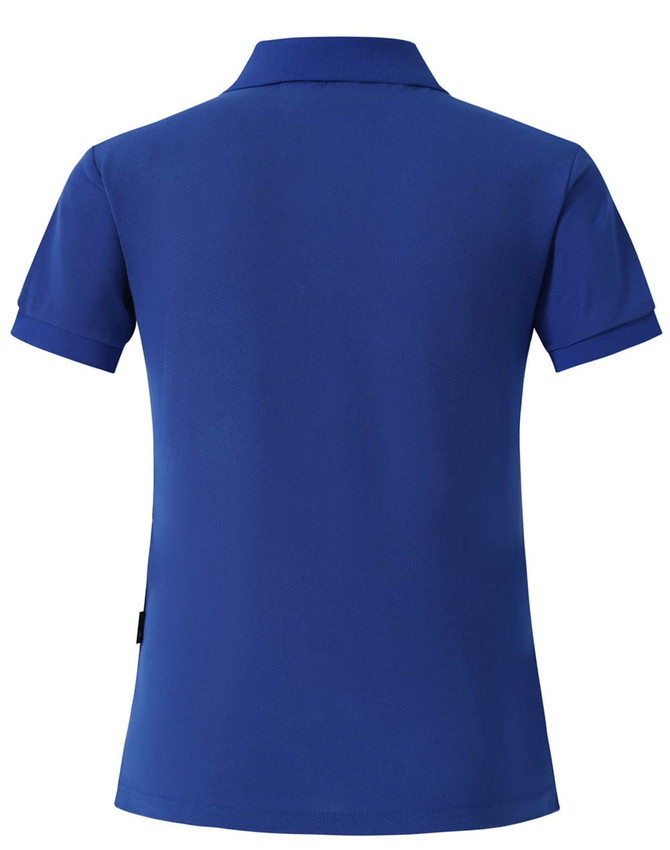 A blue women's polo shirt with a classic collar and short sleeves, featuring a logo on the back.