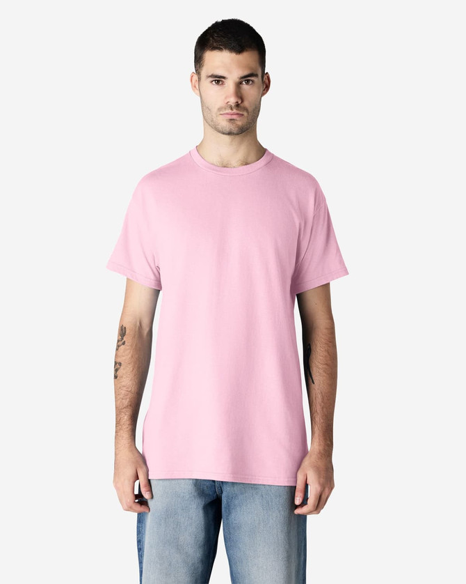 A plain pink Gildan Ultra Cotton adult T-shirt displayed on a model against a neutral background.