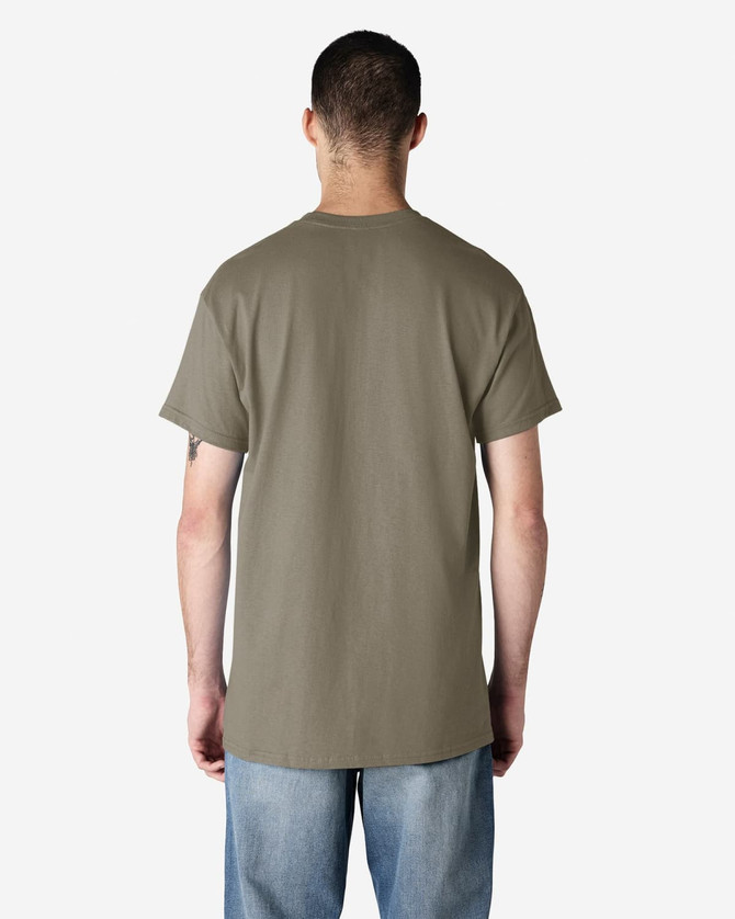 A male model wearing a green Gildan Ultra Cotton adult t-shirt, viewed from the back. Casual fit and short sleeves.