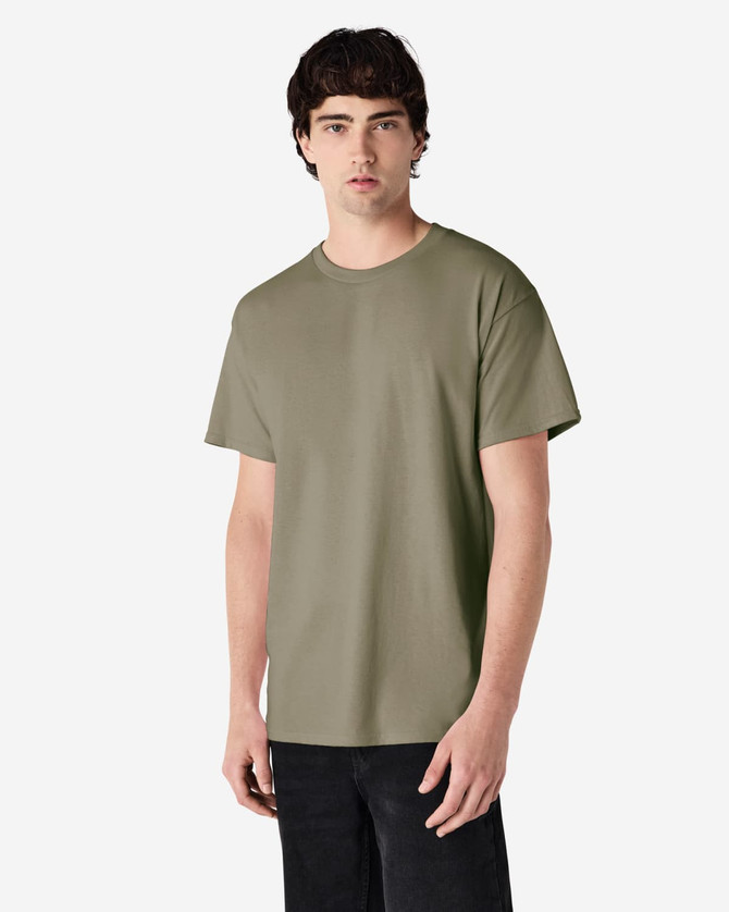 An olive green Gildan Ultra Cotton adult T-shirt, featuring a plain design without any text or logos.