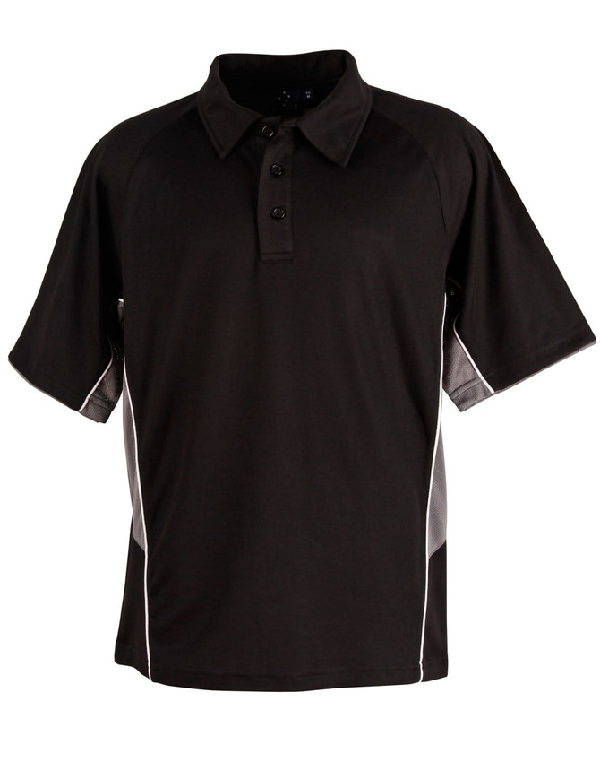 A black polo shirt with short sleeves, featuring a collar and contrasting side panels, includes a logo.