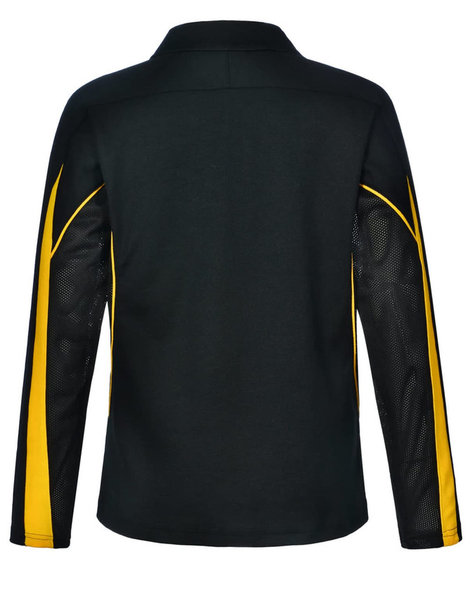 A long sleeve polo shirt in black and yellow with mesh detailing and a logo on the back.