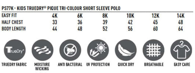 A tri-colour short sleeve polo shirt for kids in various sizes, featuring a logo and made from breathable TrueDry fabric.