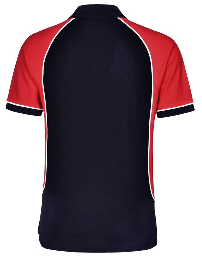 A tri-colour polo shirt featuring a navy body with red sleeves and white piping details. It has a logo on the front.
