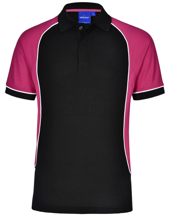 A black polo shirt with pink and white accents, featuring a collar and a logo.
