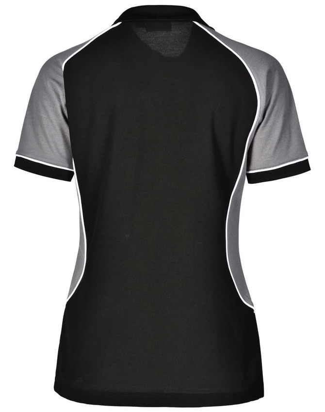 A tri-colour women's polo shirt in black, grey, and white with a branding logo. Features a classic short sleeve design.