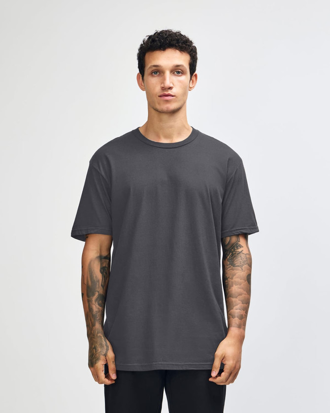 A unisex fine jersey short sleeve T-shirt in dark grey, featuring a simple design and a logo.