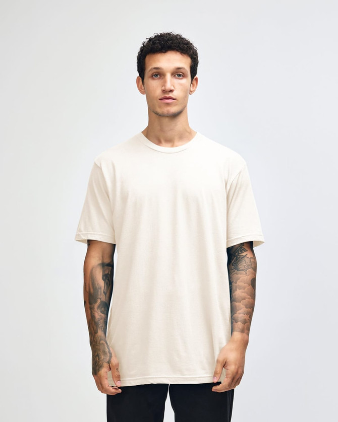 A unisex fine jersey short sleeve t-shirt in off-white, featuring a round neckline and relaxed fit.