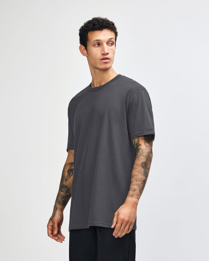 A unisex fine jersey short sleeve t-shirt in dark grey, featuring a plain design and a logo on the side.