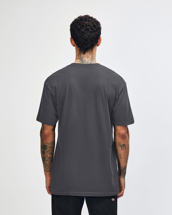 A unisex fine jersey short sleeve T-shirt in dark grey, displayed from the back. It features a logo.