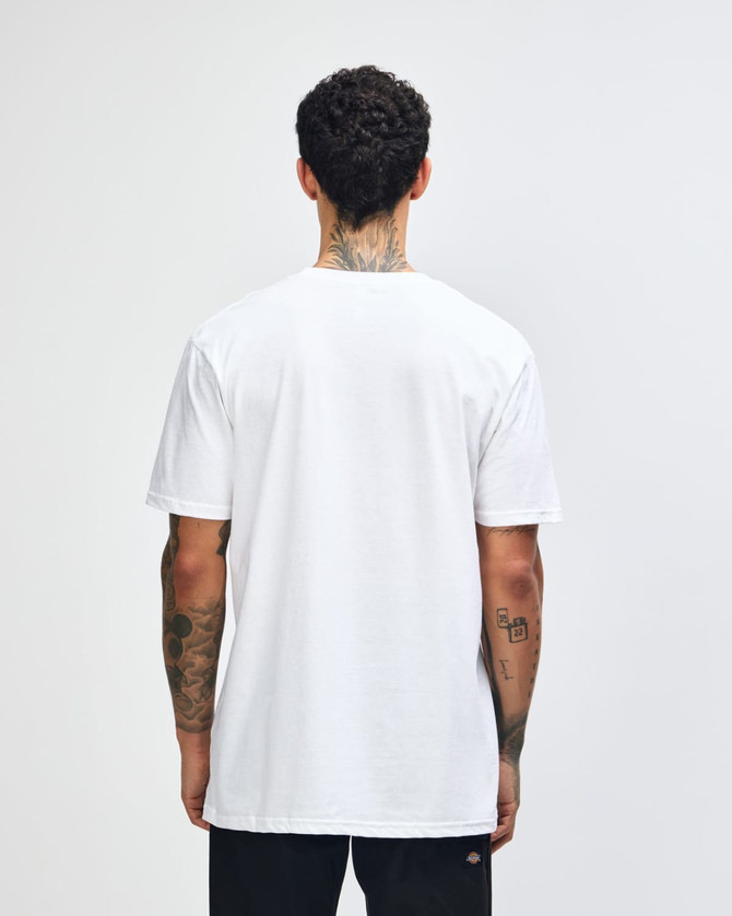 A white unisex short sleeve t-shirt, featuring a simple design and a logo on the back.