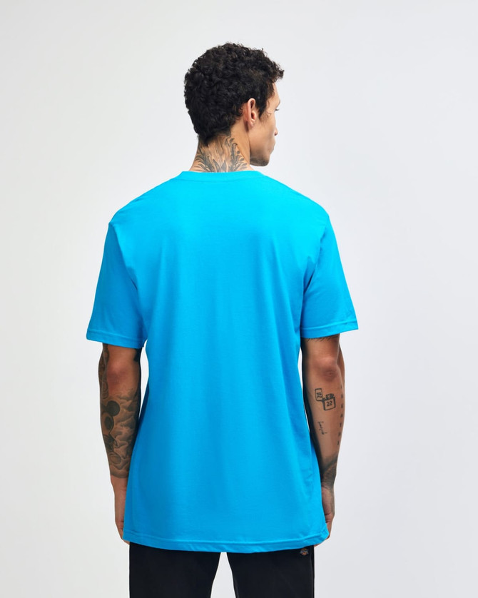 A turquoise unisex fine jersey short sleeve T-shirt with a plain back view and a logo on the back.
