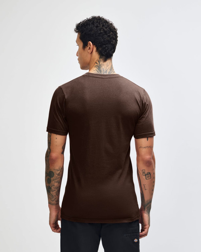 A brown unisex short sleeve t-shirt displayed from the back, featuring a logo.