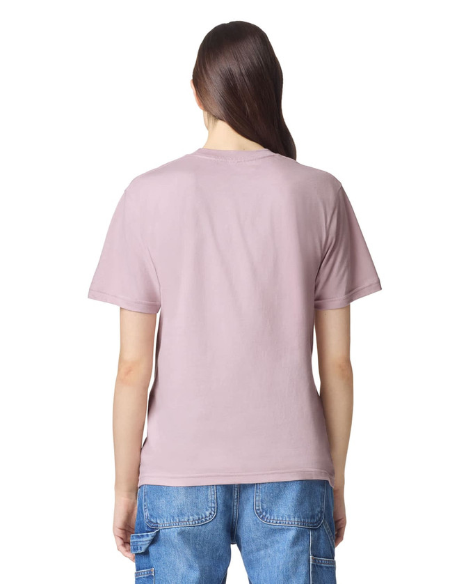A unisex fine jersey short sleeve T-shirt in mauve, featuring a simple design and a logo on the back.