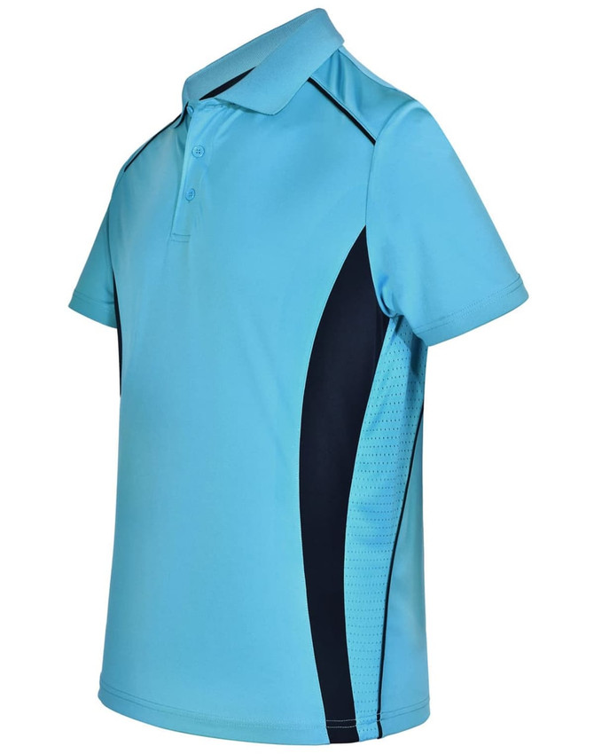 A light blue polo shirt featuring dark navy contrast panels and a logo on the chest.