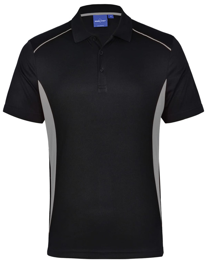 A black and grey Men's Cooldry S/S Contrast Interlock Polo with a collar and a logo.