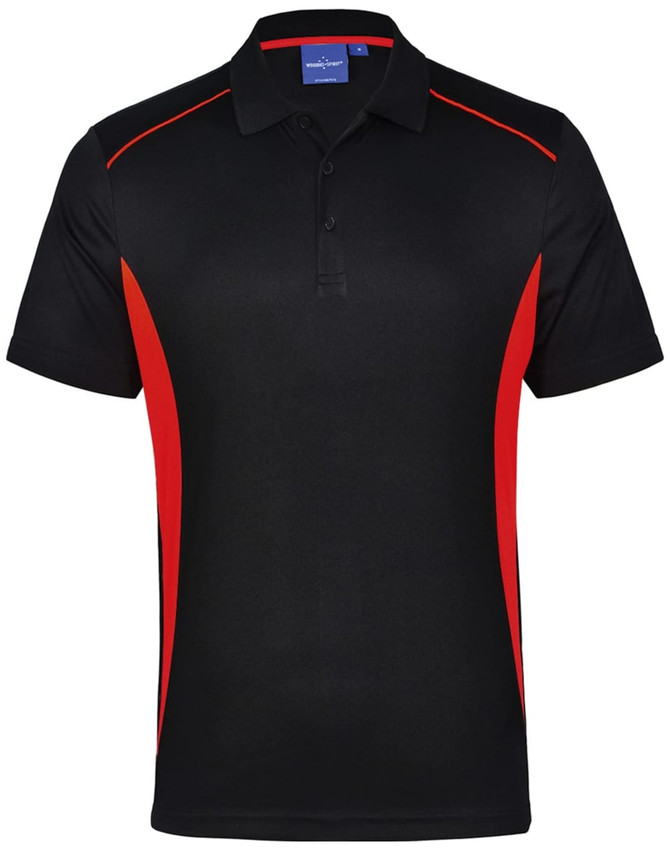A black polo shirt with red contrast detailing, featuring a collar and three buttons. It has a branding logo.