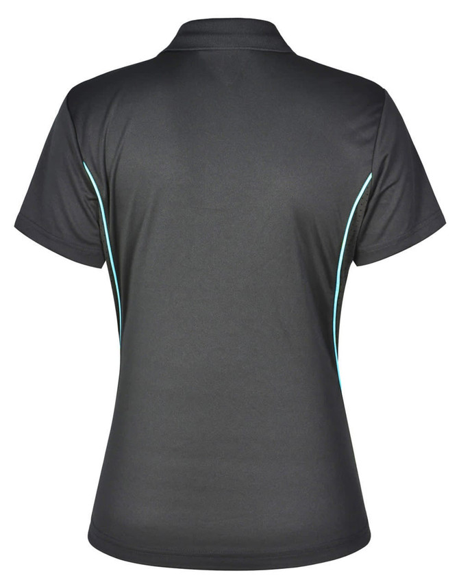 A black polo shirt with short sleeves featuring a contrast turquoise trim and a logo on the back.