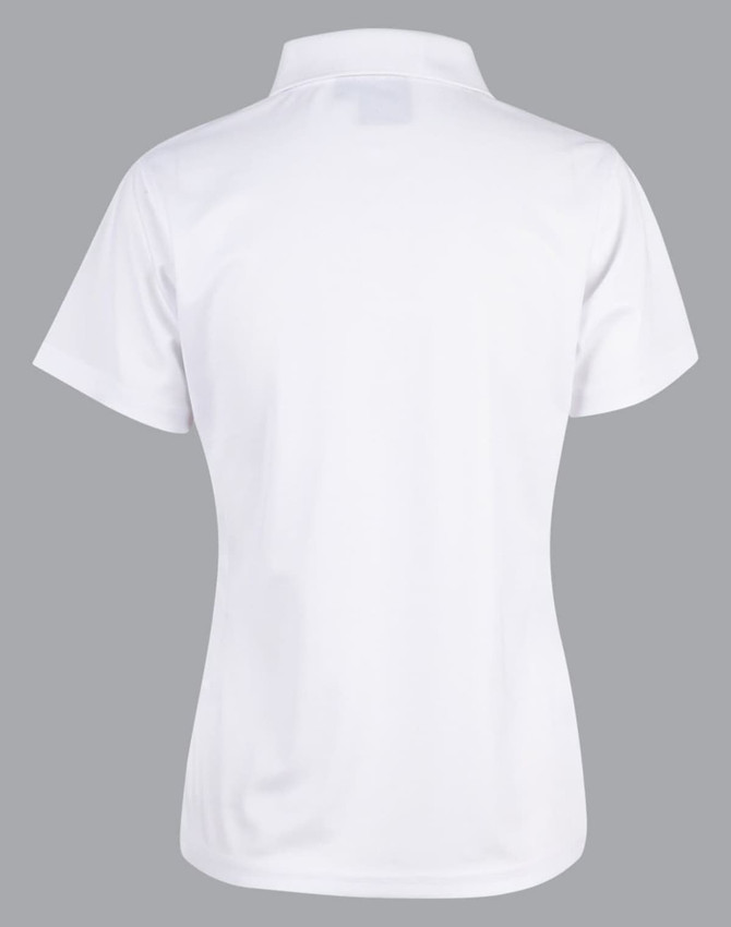 A white short-sleeved polo shirt with a collar, featuring a logo on the back.