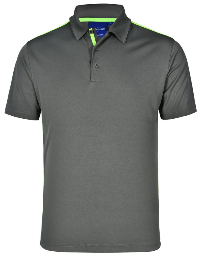 A grey kids' polo shirt with short sleeves and contrast green detailing on the collar and shoulders, featuring a logo.