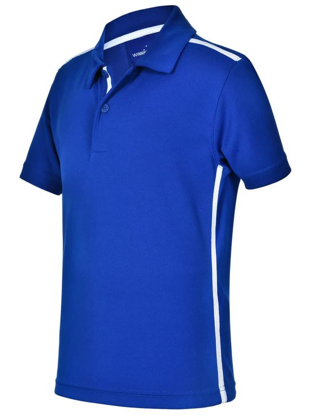A blue short sleeve polo shirt with white contrast detailing and a logo on the chest.