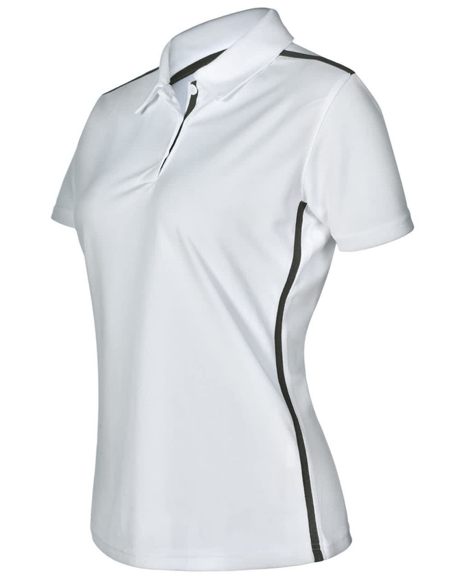 A white short sleeve polo shirt with black contrast detailing and a logo on the chest.
