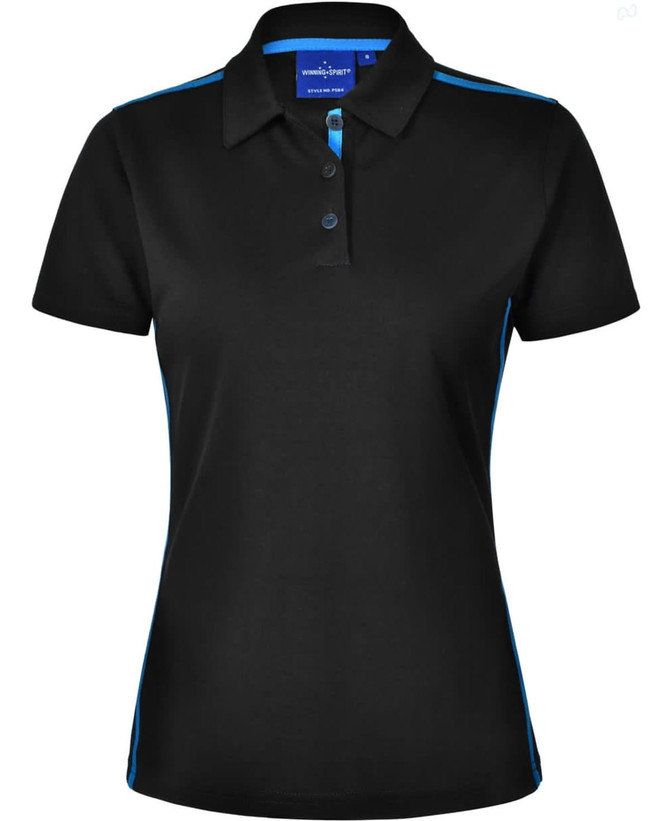 A black ladies' polo shirt with short sleeves and blue contrast detailing, featuring a collar and buttons.
