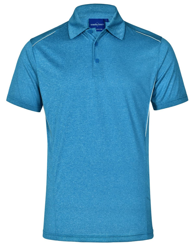 A blue short sleeve polo shirt featuring a subtle texture and a logo on the upper section.