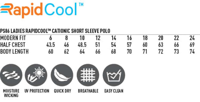 A size chart for the Ladies' Ultra Dry Cationic Short Sleeve Polo, featuring modern fit and fabric specifications.