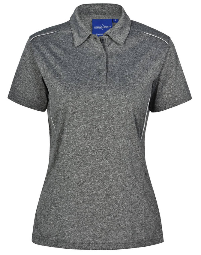 A grey short sleeve polo shirt featuring a collar and contrasting piping, with a logo on the chest.