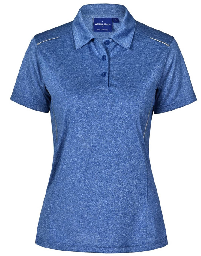 A blue ladies' short sleeve polo shirt with a collar and a logo. Features subtle detailing and a sporty design.