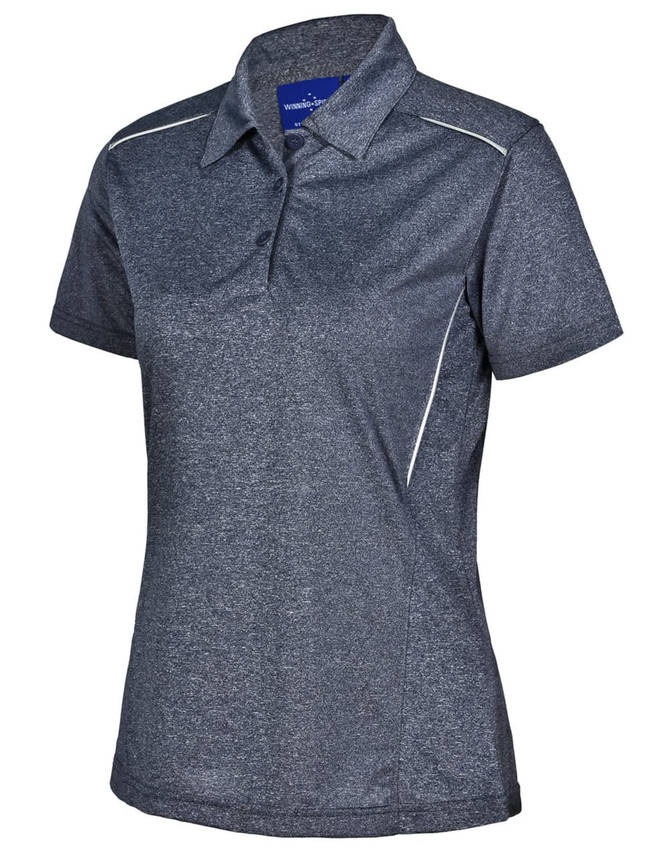 A navy blue cationic short sleeve polo shirt with a subtle textured pattern and a logo.