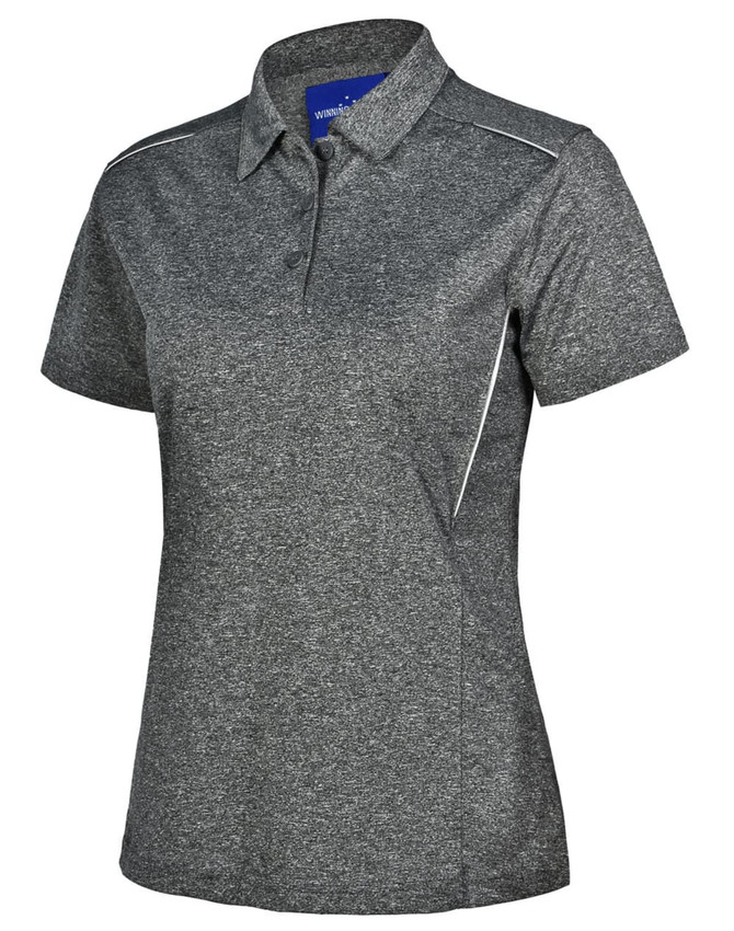A stylish ladies' polo shirt in dark grey with short sleeves and a logo on the collar.
