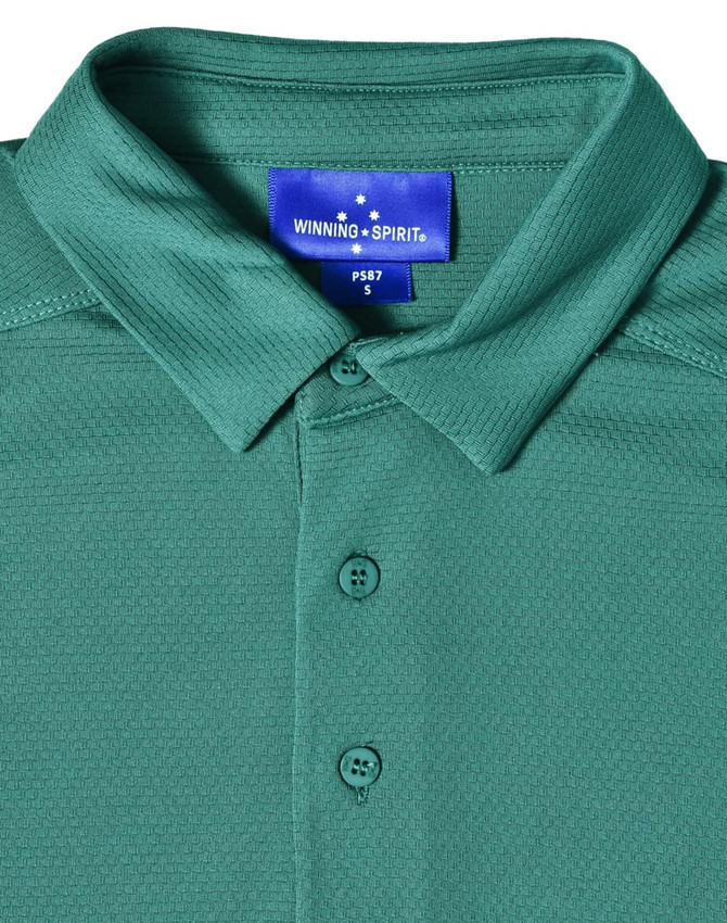 A green short-sleeved polo shirt made of bamboo charcoal fabric featuring a collar and a front button placket.