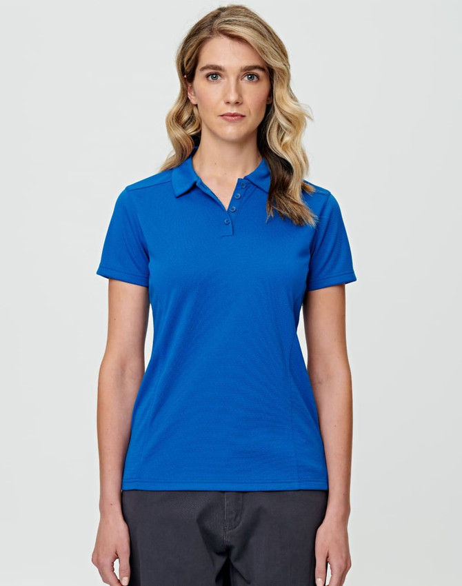 A blue ladies' bamboo charcoal short-sleeve polo shirt with a collar and buttons, featuring a logo.