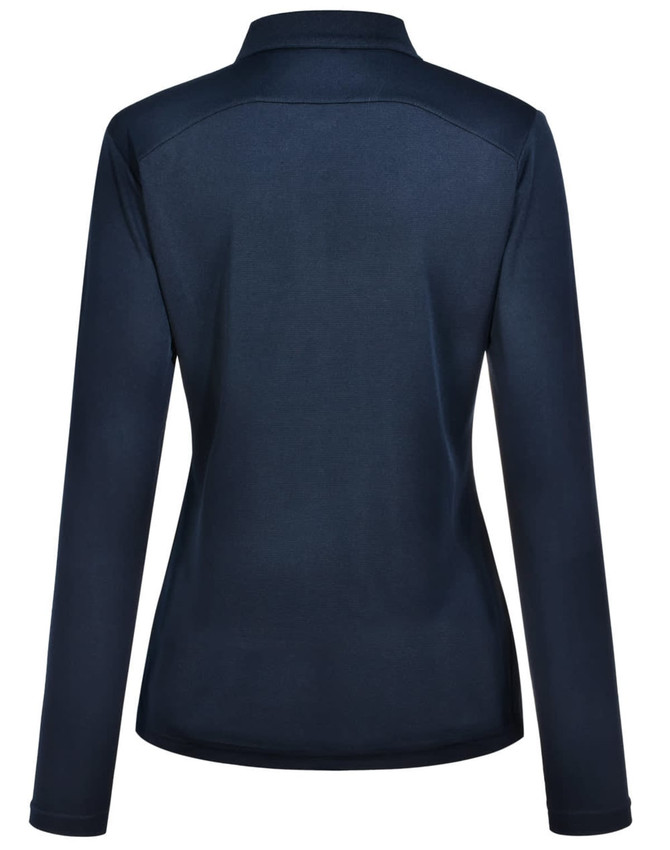 A navy blue ladies' long-sleeve polo shirt with a fitted design and collar, featuring a logo.