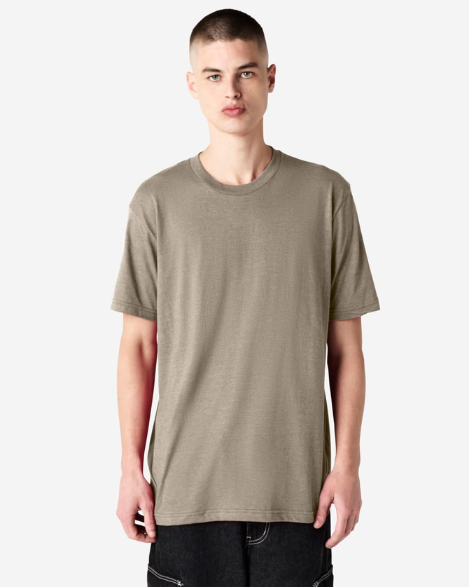 A unisex short sleeve T-shirt in olive green, featuring a simple design and a logo.