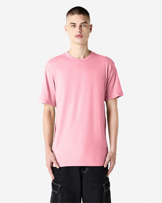 A unisex short sleeve T-shirt in pink, featuring a crew neck and a plain design, with a logo present.