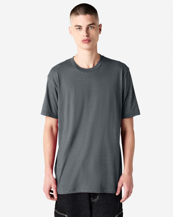 A unisex short sleeve t-shirt in grey, featuring a relaxed fit and a branding logo.
