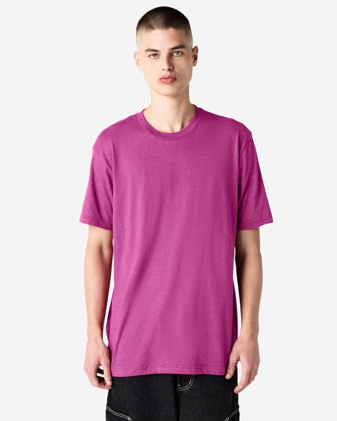 A unisex short sleeve T-shirt in vibrant pink with a simple design and a logo.