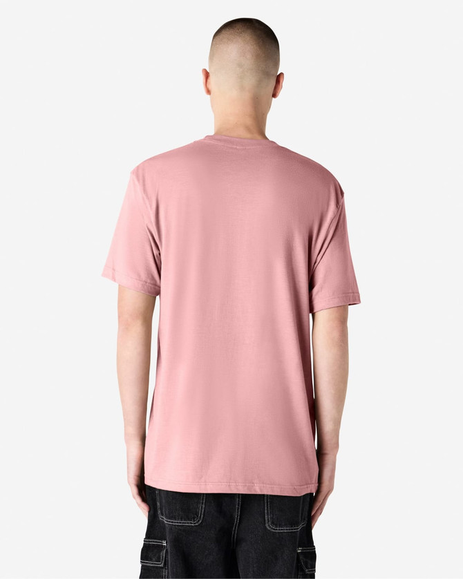 A unisex short sleeve T-shirt in a soft pink colour, featuring a simple design and a visible logo.