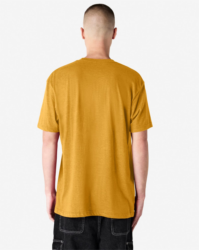 A unisex CVC short sleeve t-shirt in mustard yellow, featuring a plain back and casual fit. It has a small logo.