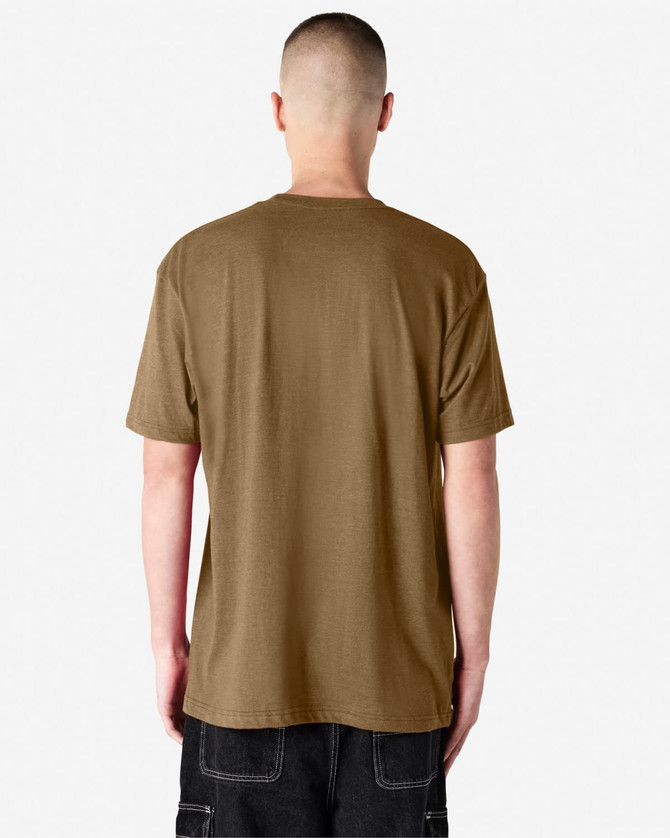 A unisex short sleeve t-shirt in a light brown hue, featuring a simple design and a logo on the back.