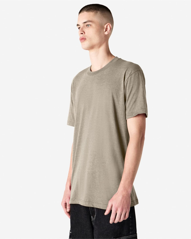 A unisex short sleeve T-shirt in a muted green colour with a simple design and a branding logo.