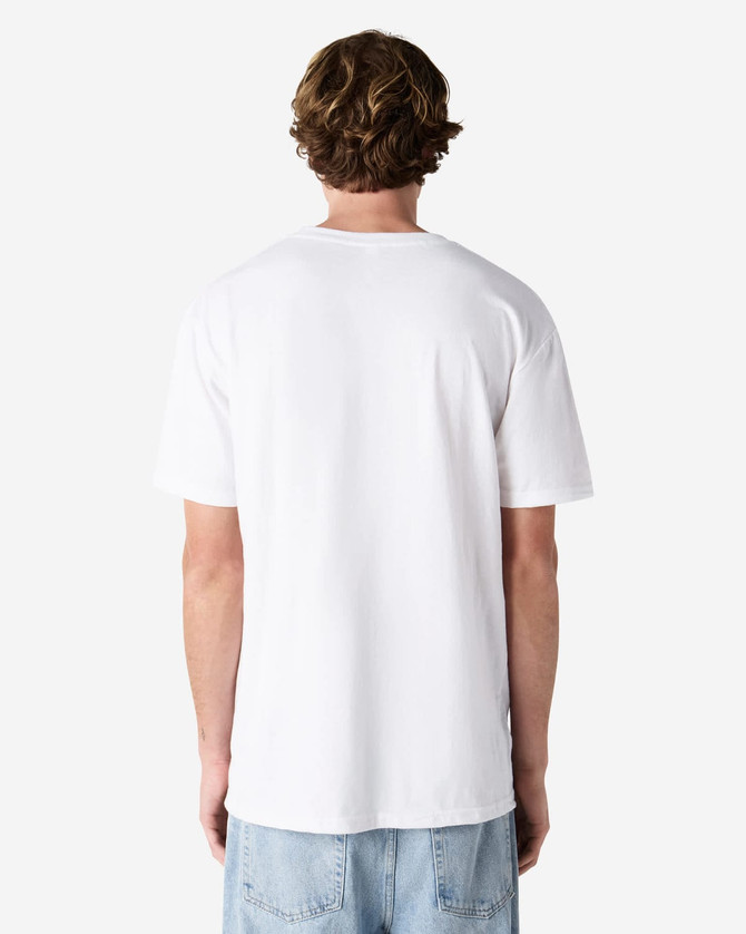 A unisex short sleeve T-shirt in white, featuring a simple design and a logo on the back.