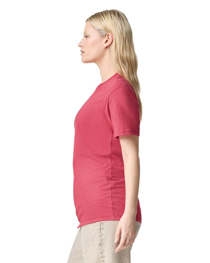 A side view of a unisex short sleeve t-shirt in a vibrant red colour, featuring a simple design and a logo.