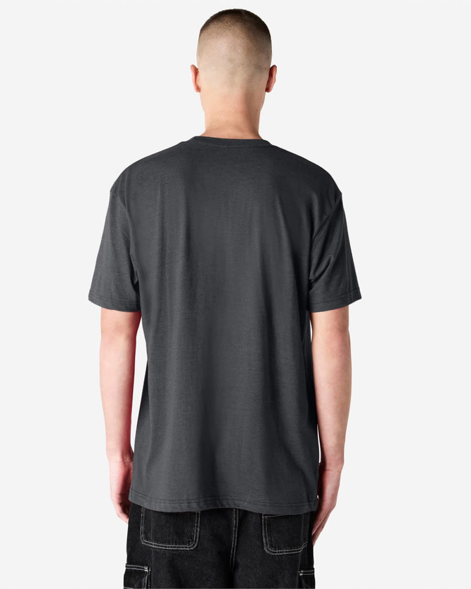A unisex CVC short sleeve t-shirt in dark grey, featuring a simple design and a plain back view.