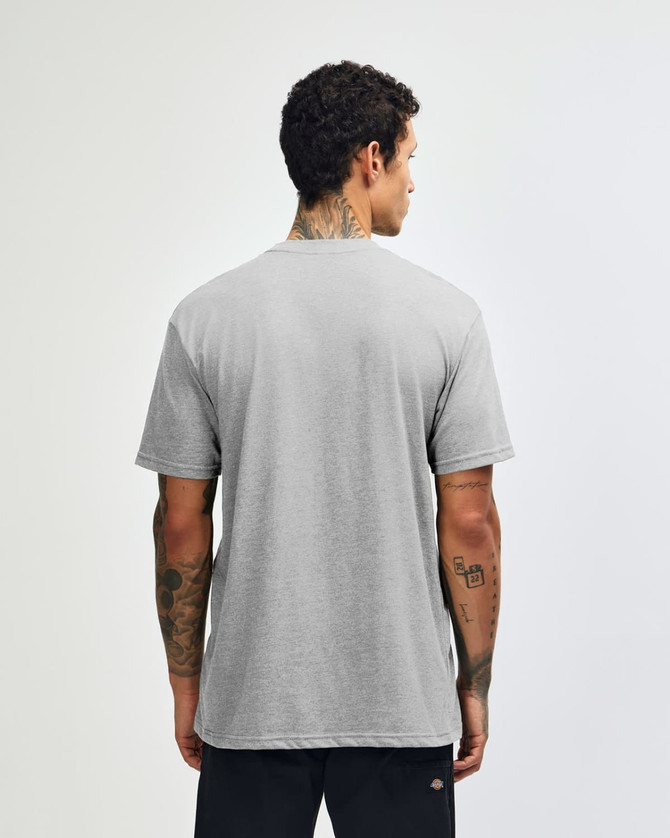 A grey unisex CVC short sleeve T-shirt viewed from the back, featuring a logo.