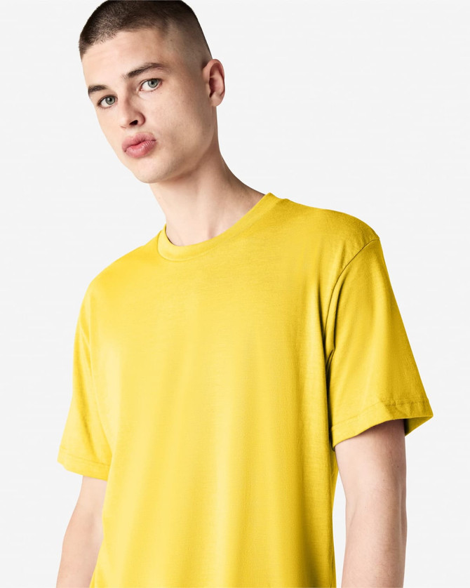 A unisex short sleeve T-shirt in bright yellow with a casual fit. The T-shirt features a logo on it.