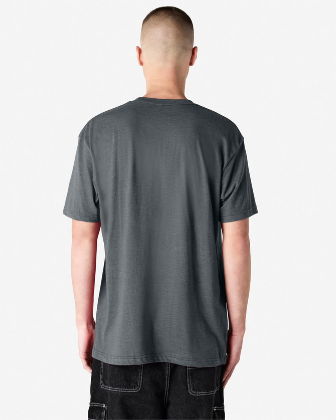 A unisex short sleeve T-shirt in dark grey, featuring a logo on the back.